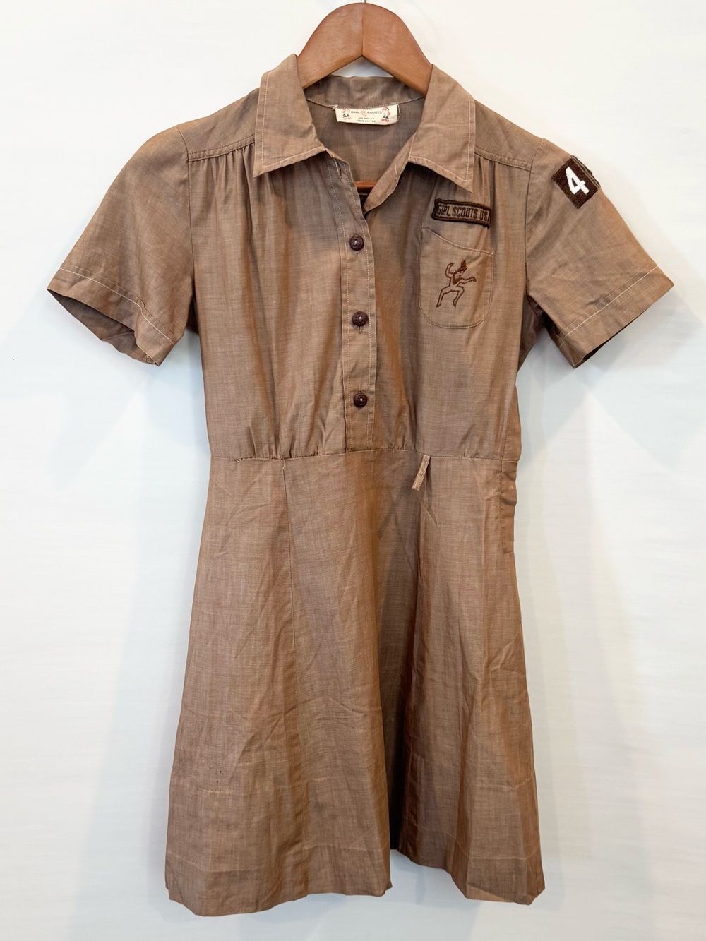 Vintage Girl Scout Brownies Uniform Khaki Tan Costume Cosplay Dress Halloween
